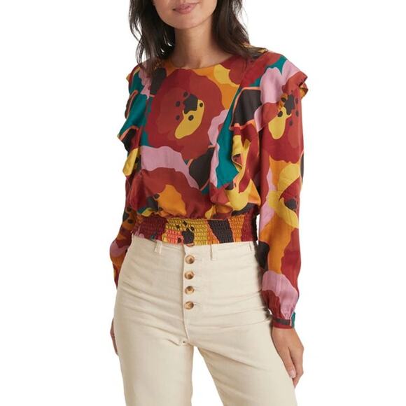Marine Layer Top Floral Ruffle Smocked Hem Blouse Size Large - Picture 3 of 11